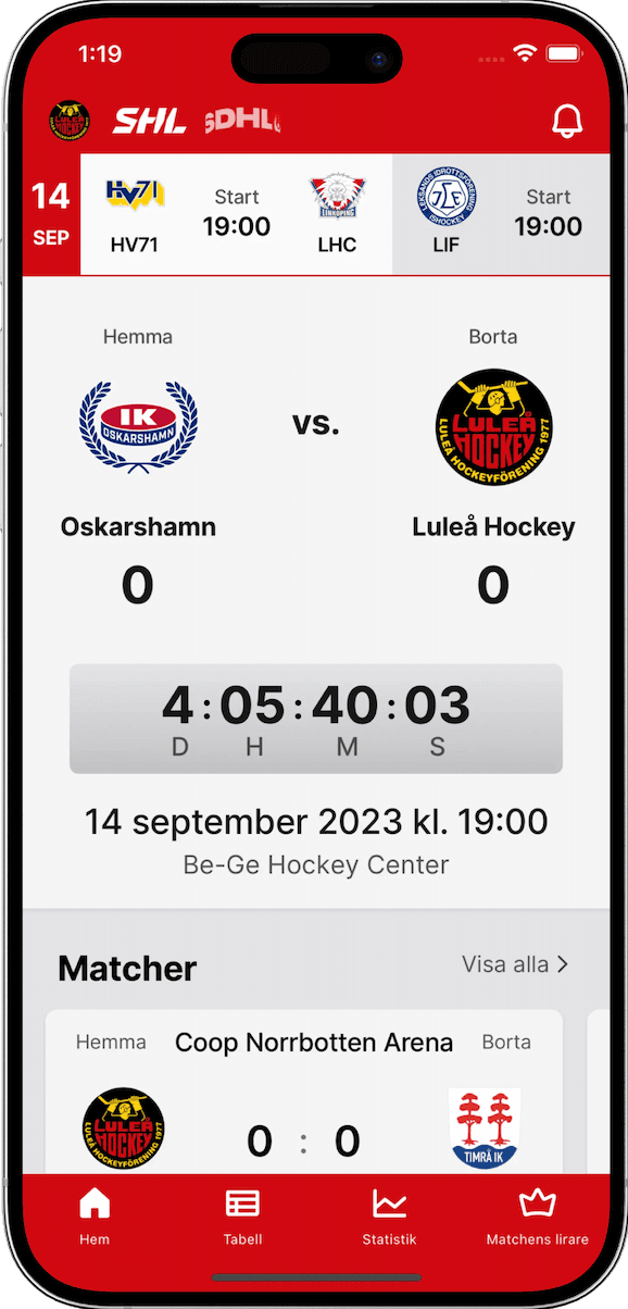 Luleå Hockey app homescreen on iPhone